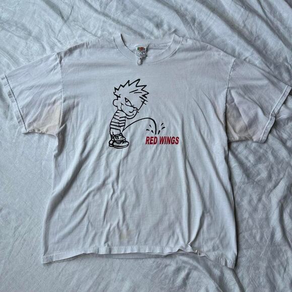Vintage 90s Y2K Calvin Hobbes Detroit Red Wing NHL Shirt Tee - Picture 3 of 8